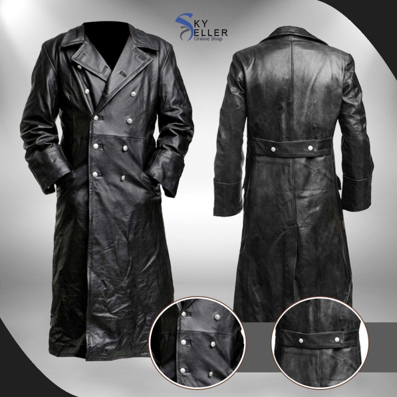 Classic Officer Black Leather Trench Coat