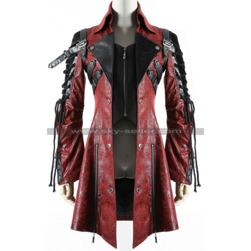 Poison Punk Rave Red Black Military Leather Coat