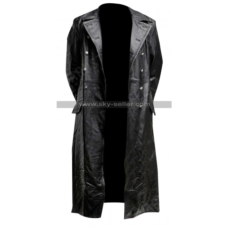 Classic Officer Black Leather Trench Coat