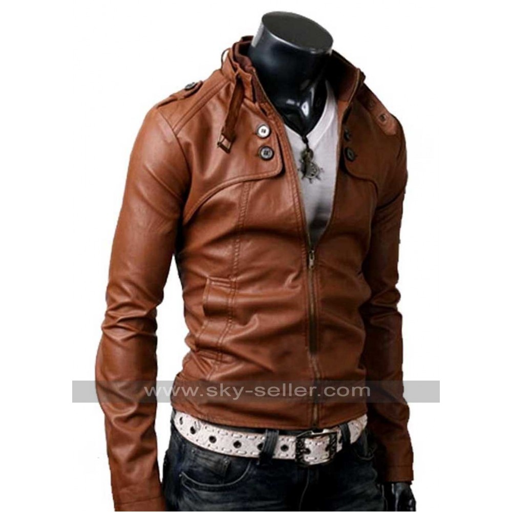 Pocket Slim Fit Men Brown Leather Jacket