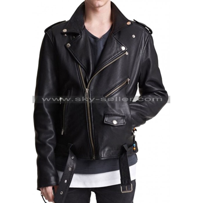 Asymmetrical Zipper Men's Belted Biker Leather Jacket