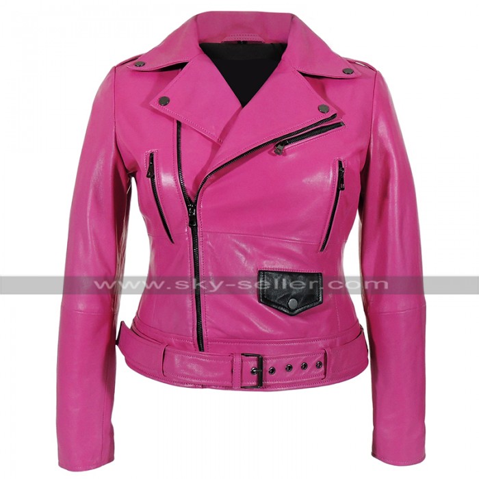 Womens Brando Biker Belted Cafe Racer Pink Motorcycle Leather Jacket