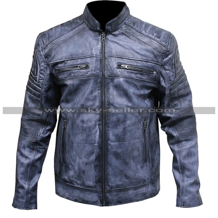 Men Vintage Style Distressed Blue Cafe Racer Motorcycle Leather Jacket