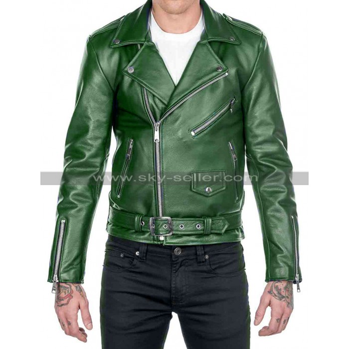Mens Cafe Racer Brando Biker Green Motorcycle Leather Jacket