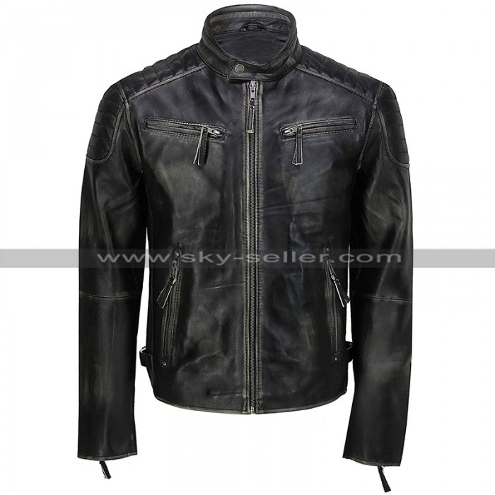 Mens Vintage Biker Cafe Racer Distressed Black Motorcycle Leather Jacket