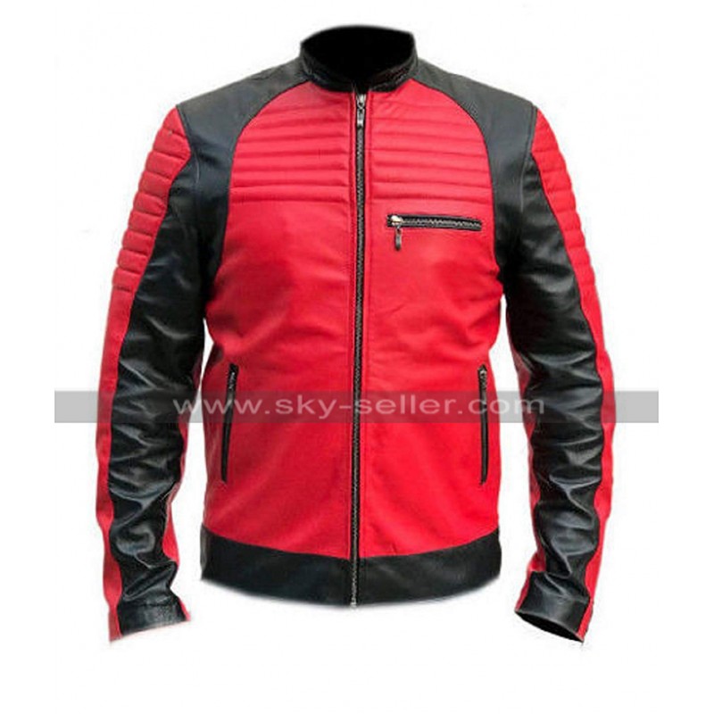 Motorcycle Biker Cafe Racer Retro Slim Fit Red Genuine Leather Jacket For Men