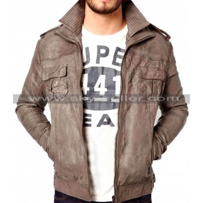 Men's Slimfit Double Layered Collar Leather Jacket