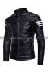 Mens Slim Fit White Striped Elegant Biker Black Leather Jacket