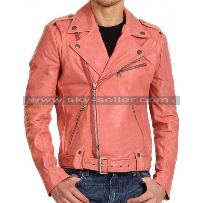Double Breasted Studded Peach Slimfit Belted Biker Jacket