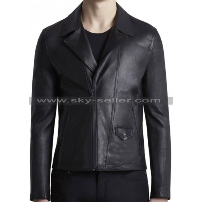Slim Fit Men's Black Waist Pockets Biker Leather Jacket