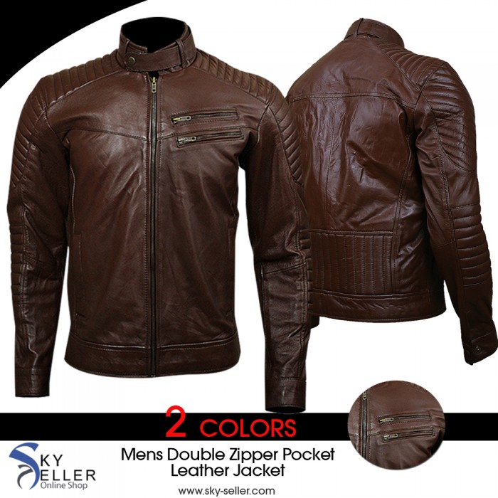 Men's Quilted Double Zipper Pocket Brown Biker Leather Jacket