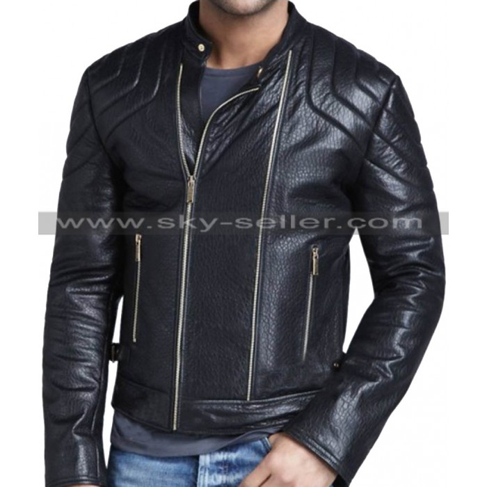 Quilted Shoulder Strapped Waist Slimfit Black Leather Jacket