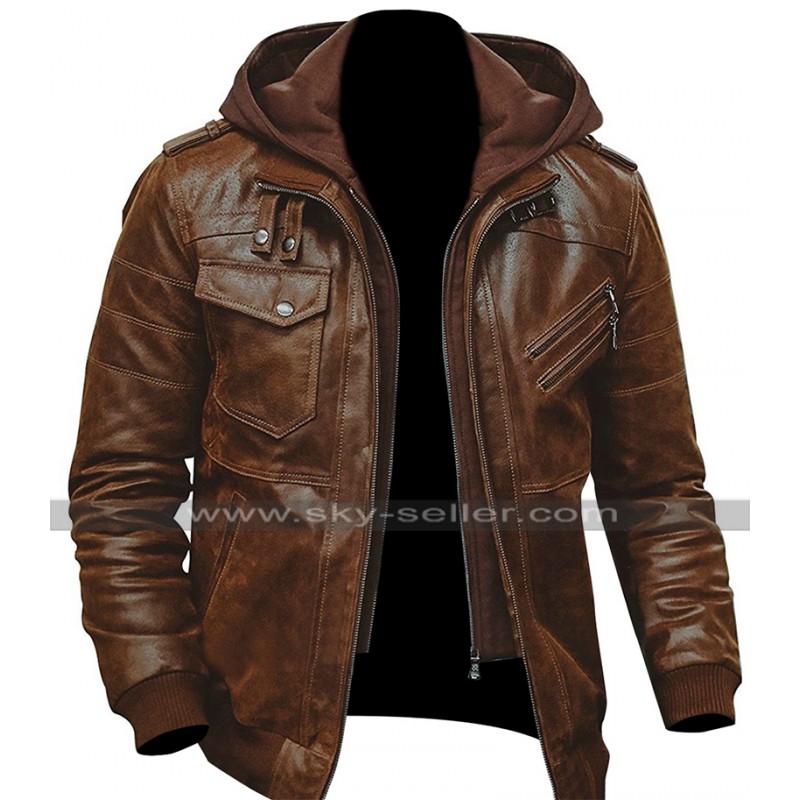 Mens Slim Fit Bomber Hoodie Vintage Brown Biker Leather Jacket