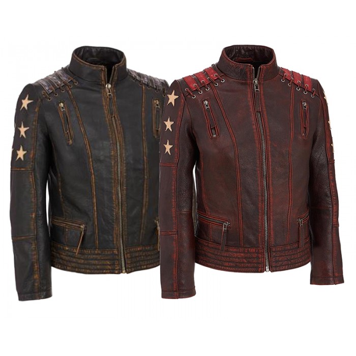 Mens Star Logo Retro Biker Cafe Racer Distressed Maroon Motorcycle Leather Jacket