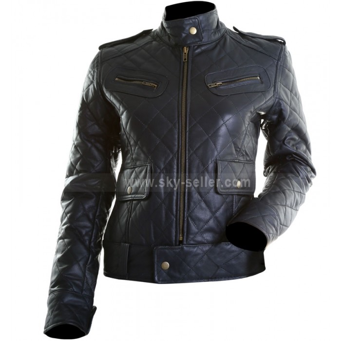 Women's Black Quilted Bomber Leather Motorcycle Jacket