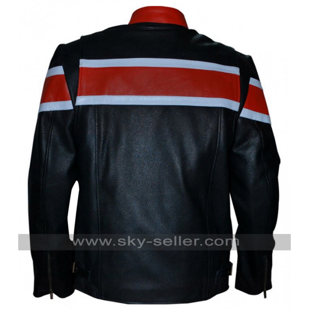 Red and White Striped Motorcycle Real Leather Jacket