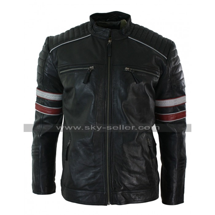 Motorcycle Red And White Stripes Black Leather Jacket