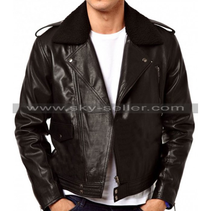 Asymmetrical Zipper Slimfit Side Pocket Fur Collar Biker Jacket