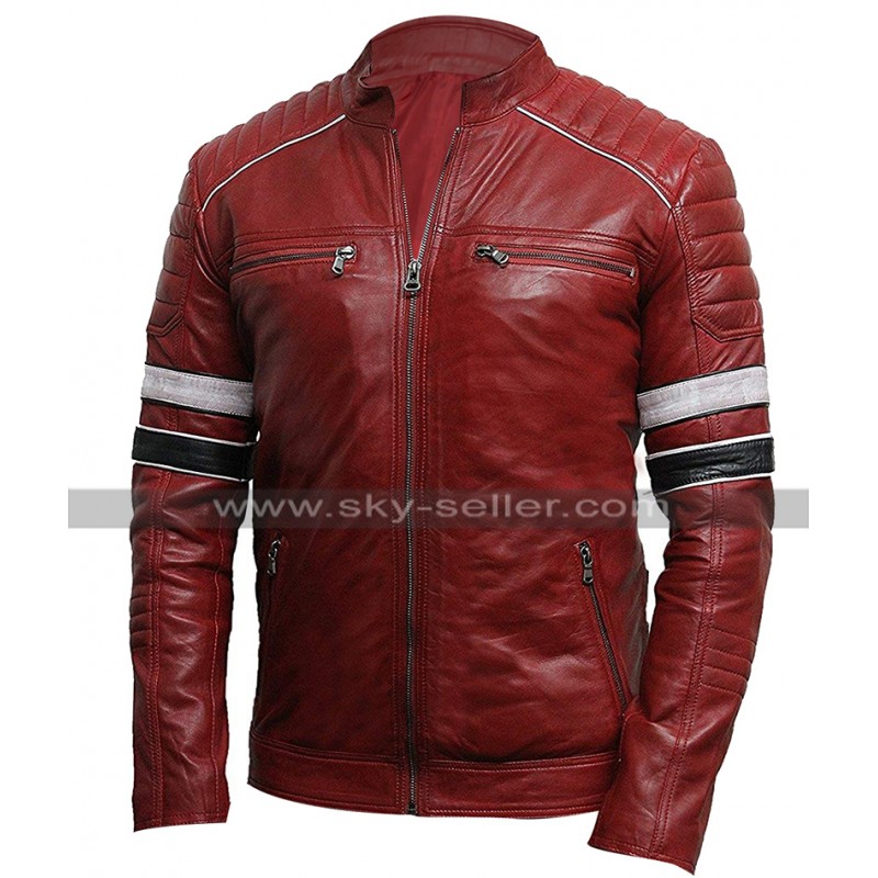 Motorcycle Biker Cafe Racer Retro Slim Fit Red Genuine Leather Jacket For Men