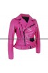 Womens Brando Biker Belted Cafe Racer Pink Motorcycle Leather Jacket