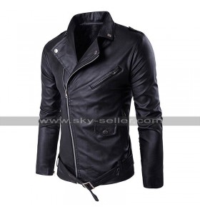 Slim Fit Genuine Leather Biker Outfit Diagonal Zipper Brando Motorcycle Black Jacket
