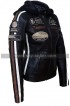 Womens Retro Black Biker Speed Race Badges Motorcycle Leather Jacket with Hood
