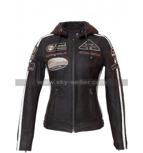 Womens Brown Biker Speed Race Badges Motorcycle Leather Jacket with Hood