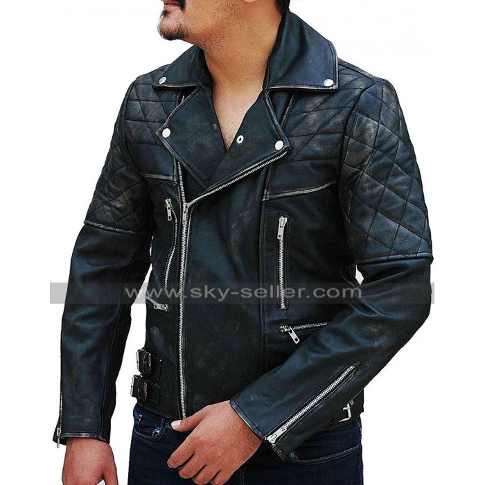 Mens Antique Zipper Distressed Black Quilted Biker Brando Motorcycle Leather Jacket