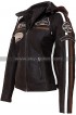 Womens Brown Biker Speed Race Badges Motorcycle Leather Jacket with Hood