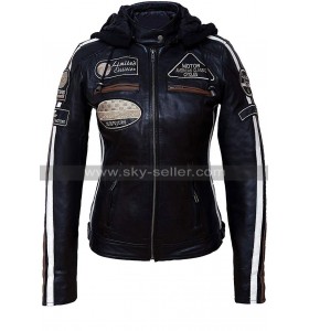 Womens Retro Black Biker Speed Race Badges Motorcycle Leather Jacket with Hood