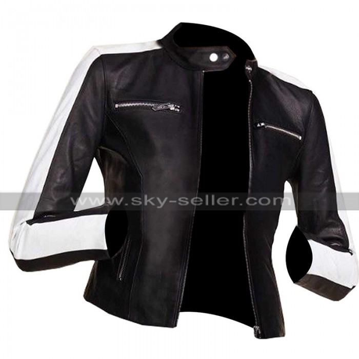 Womens Slim Biker Cafe Racer White Sleeve Stripe Motorcycle Black Leather Jacket