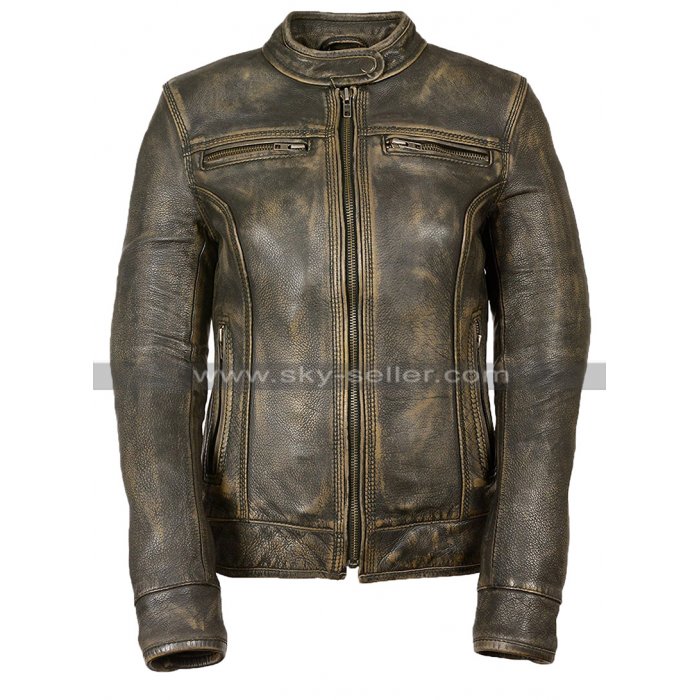 Womens Vintage Cafe Racer Biker Triple Stitch Distressed Brown Motorcycle Leather Jacket
