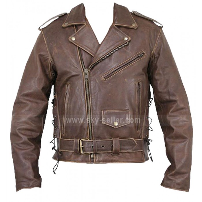 Arnold Terminator Style Motorcycle Brown Leather Jacket