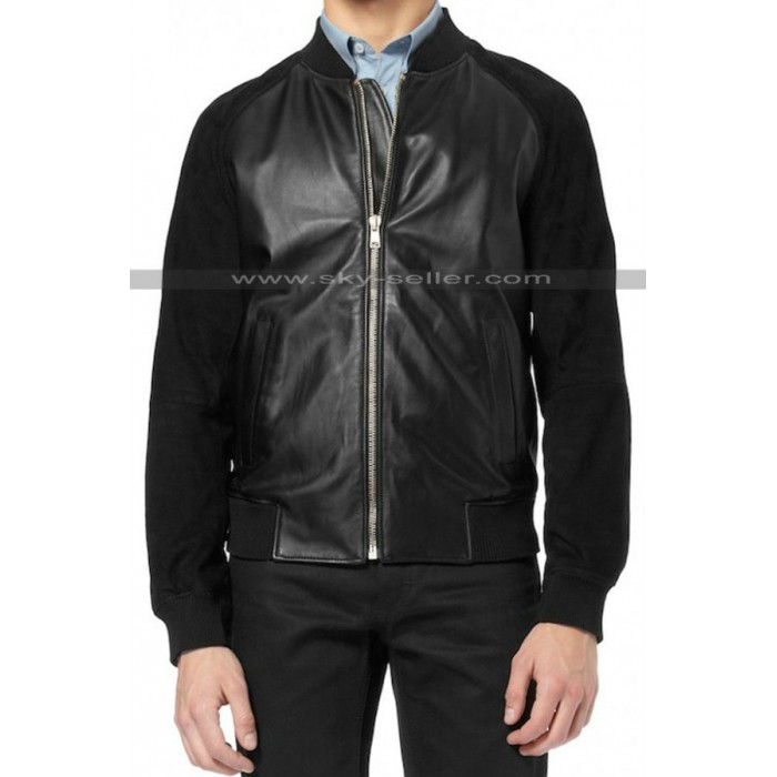 Andrew Garfield Black Suede Sleeves Bomber Leather Jacket