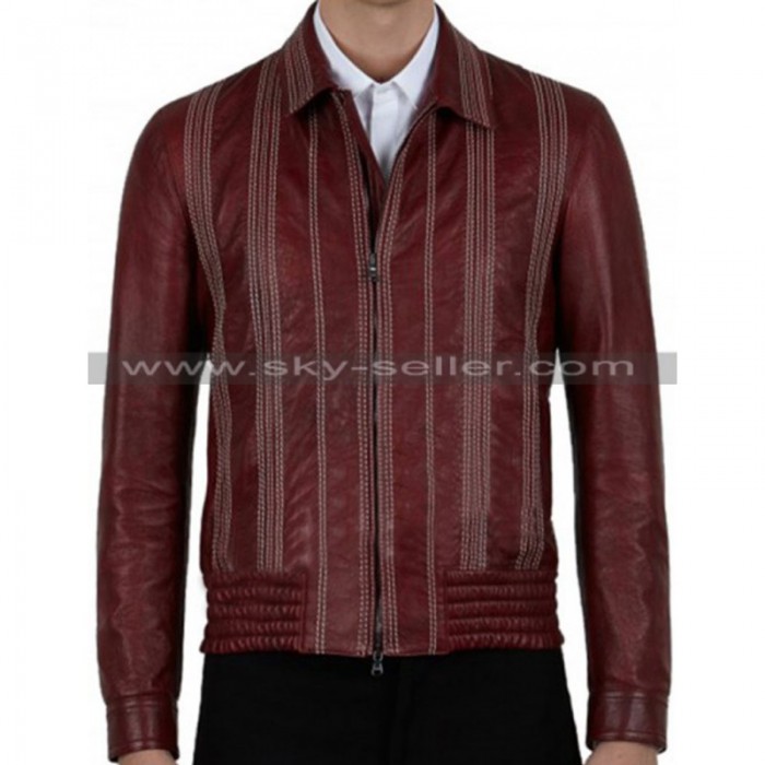 Men's Decorative Stitching Maroon Bomber Leather Jacket