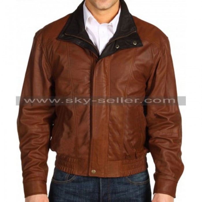 Double Collar Men's Brown Bomber Leather Jacket
