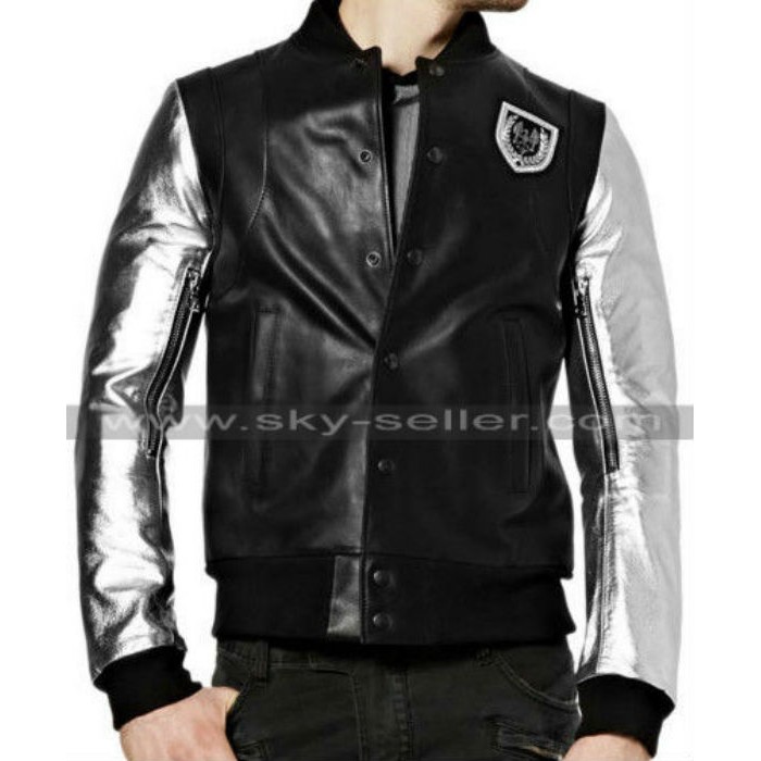Mens Silver Sleeve Teddy Bomber Leather Jacket