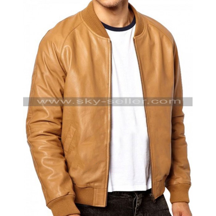 Ribbed Collar Brown Slimfit Bomber Leather Jacket