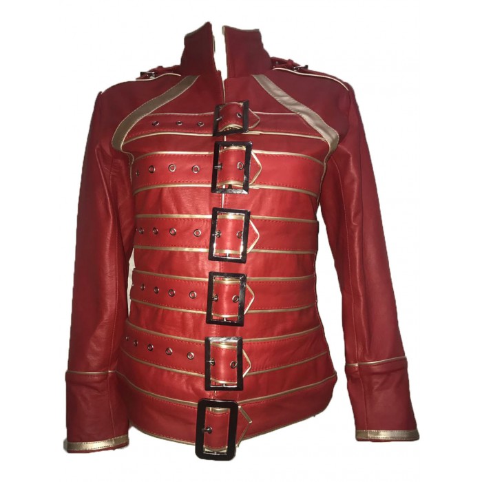 Womens Freddie Mercury Queen Tribute Concert Belted Biker Red Leather Jacket