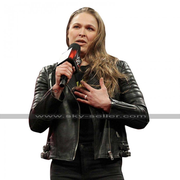Ronda Rousey WWE Black Quilted Shoulders Biker Leather Jacket