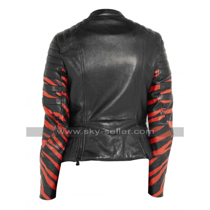 Tiger Stripe Women Black Leather Biker Jacket