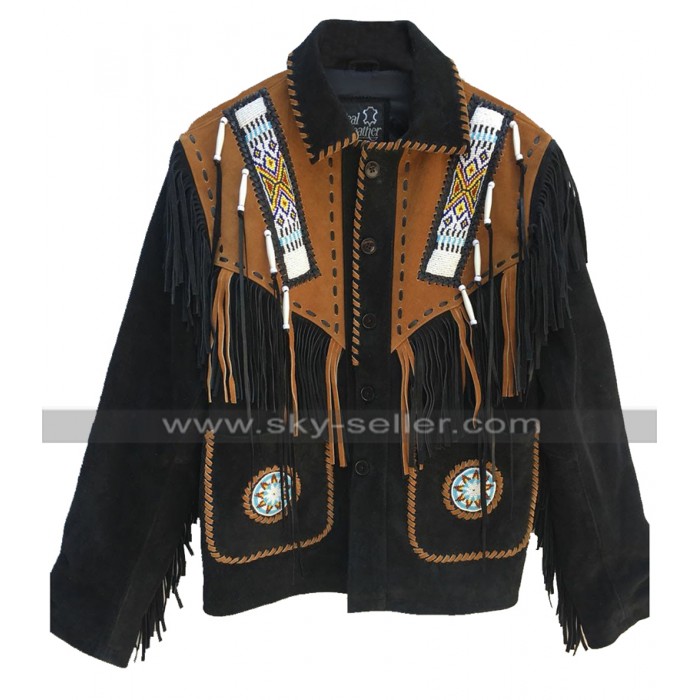Mens Native American Beads Cowboy Western Wear Fringe Suede Leather Jacket