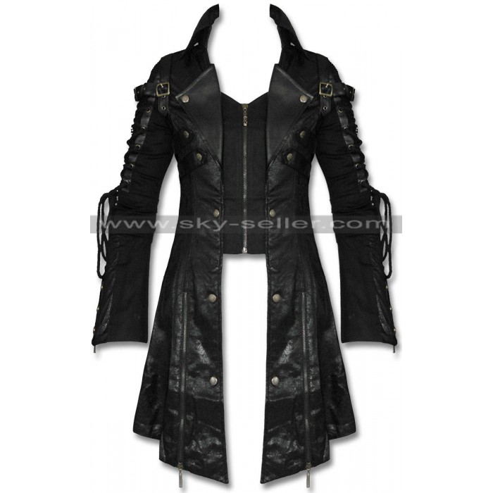 Slim Fit Gothic Poison Trench Black Leather Coat