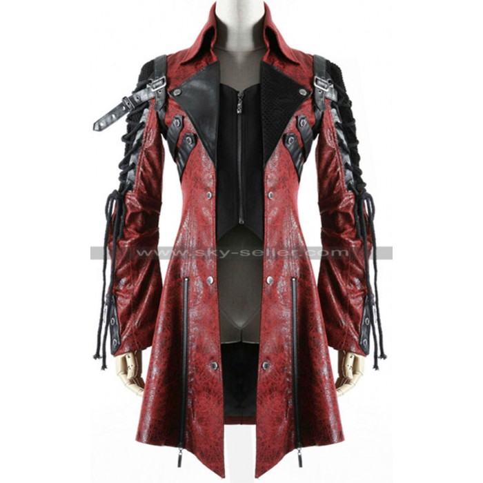 Gothic Poison Punk Rave Red Black Military Leather Coat