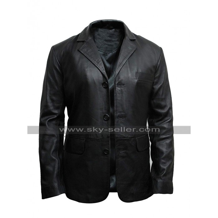 Mens Plain Black Coat Multi Pockets Slim Fit Leather Blazer