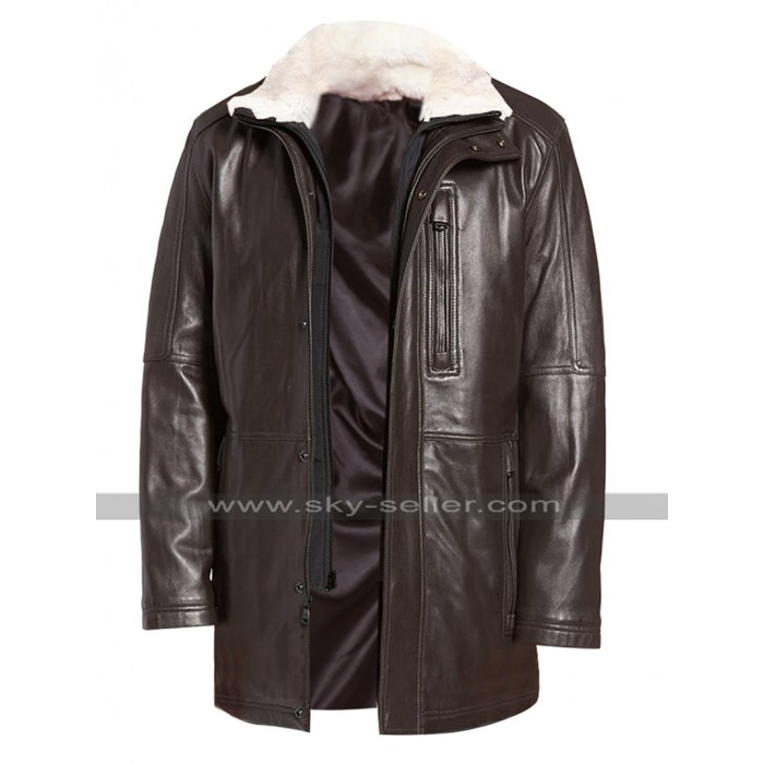 Mens Vintage Classic Winter Fur Collar Brown Leather Coat