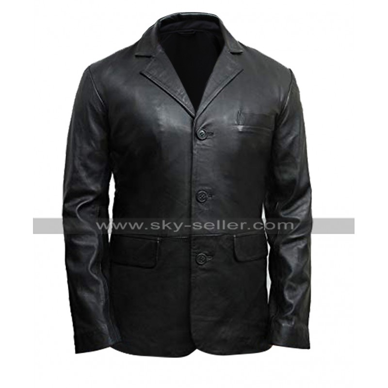 Mens Plain Black Coat Multi Pockets Slim Fit Leather Blazer