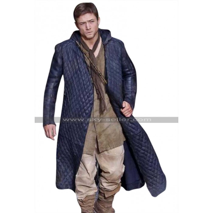 Robin Hood Taron Egerton Quilted Hoodie Black Leather Coat