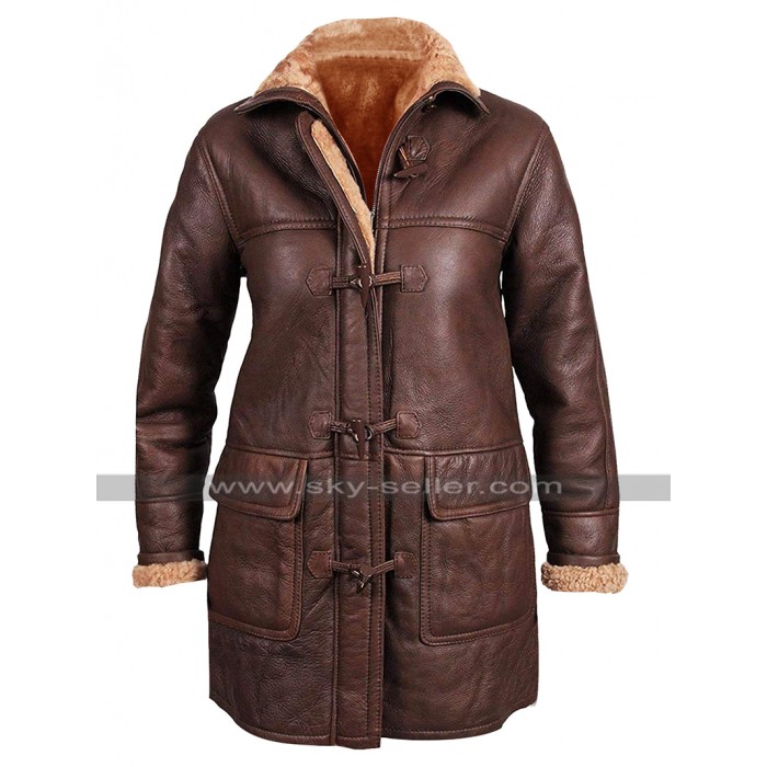 Womens B3 Aviator Pilot Fur Shearling Vintage Brown Hoodie Leather Coat