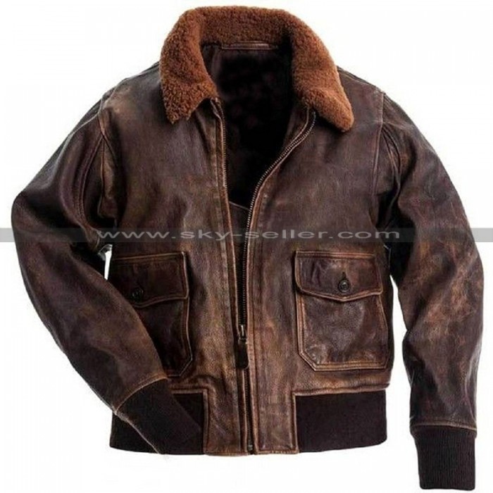 G1 Fur Collar Air Force Aviator Men Distressed Genuine Leather Jacket